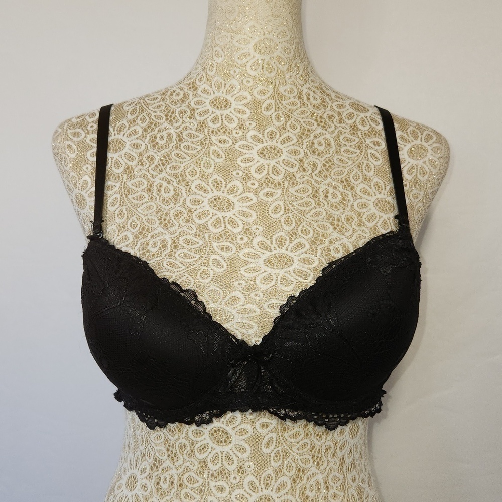 International Intimates Womens Black Floral Lace Underwire Padded Push Up Bra 36